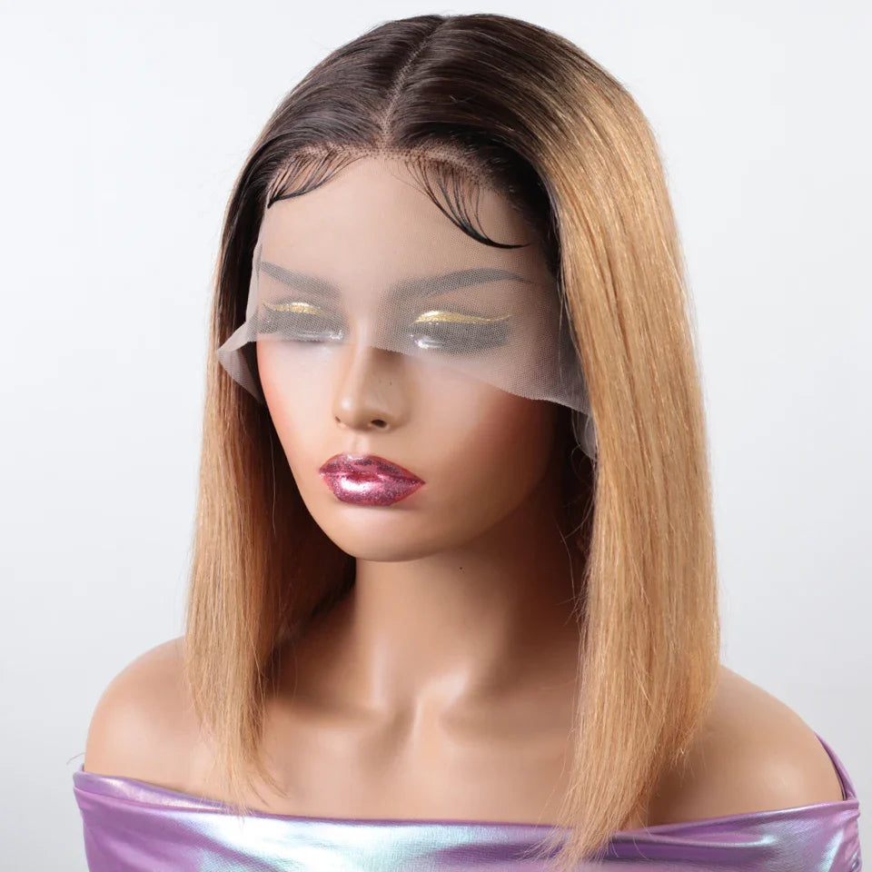 Honey Blonde Bob Wig | Straight T-Part Lace Front Brazilian Human Hair