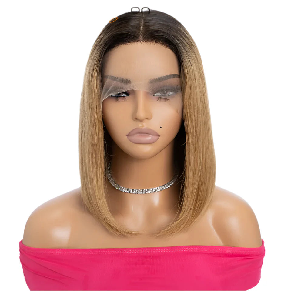 Honey Blonde Bob Wig | Straight T-Part Lace Front Brazilian Human Hair